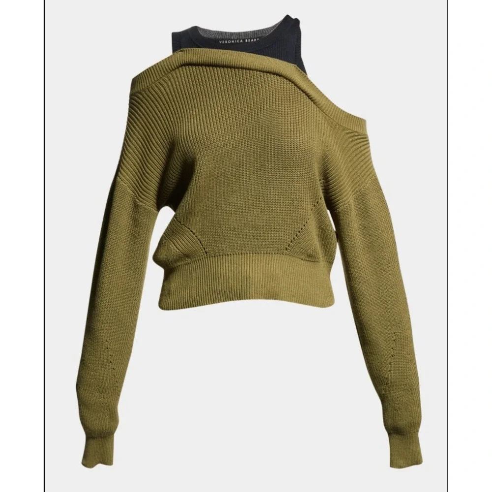 VERONICA BEARD Ribbed Cold‎ Shoulder Sweater Knit Top Olive Green M